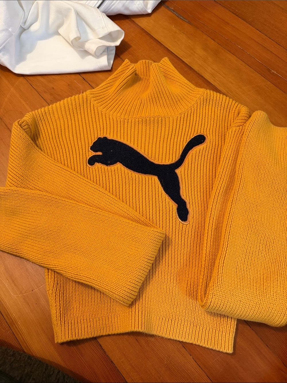 Fenty by Puma Golden Yellow Cropped Ribbed Sweater with Black Puma Patch